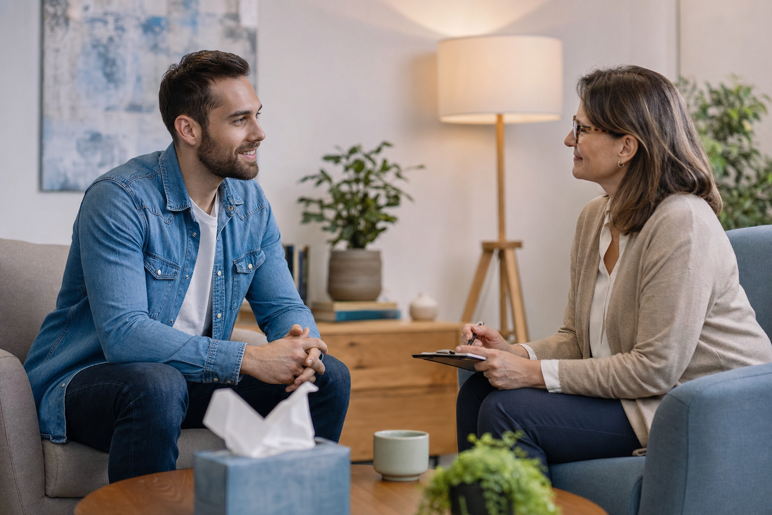 Man speaking openly with a counsellor during a relaxed counselling session about stress and ongoing pressure.