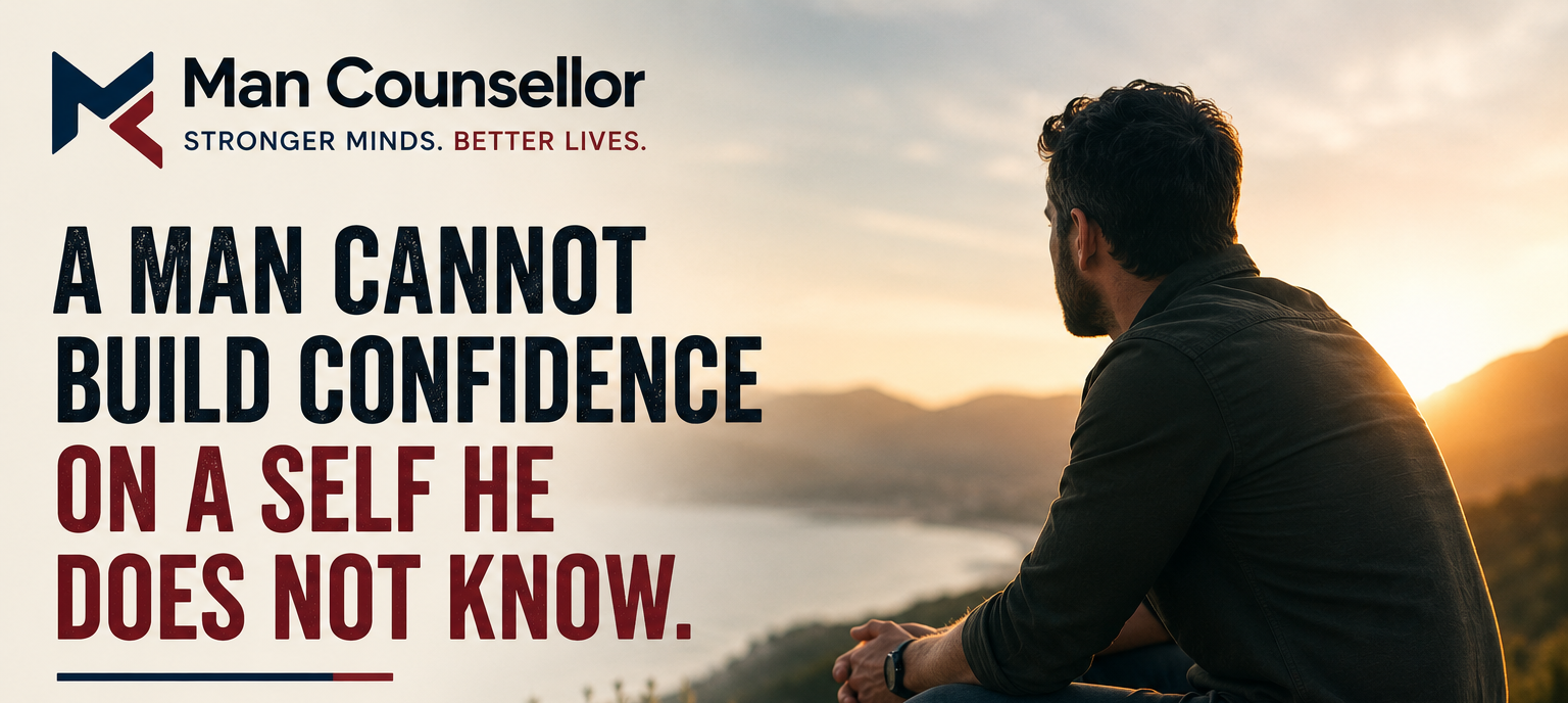 Man sitting quietly on a bench overlooking water at sunrise, with Man Counsellor branding and text about confidence, self-knowledge and moving forward.
