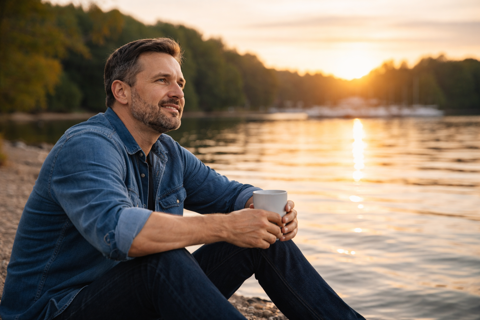Guy Smiling, sitting with his knees up, his arms resting on his knees holding a mug in his hands, smiling and looking into the distance as the sun goes down behind trees surrounding a lake he is sitting next to